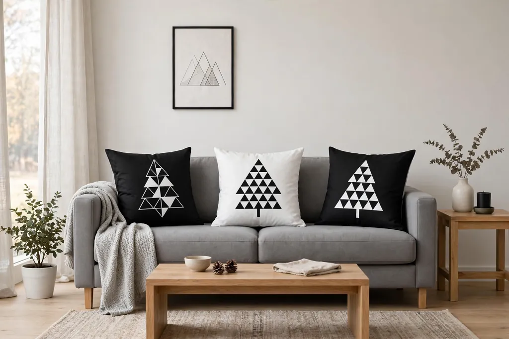 Modern sofa with black and white Christmas pillow covers with a simple tree print.