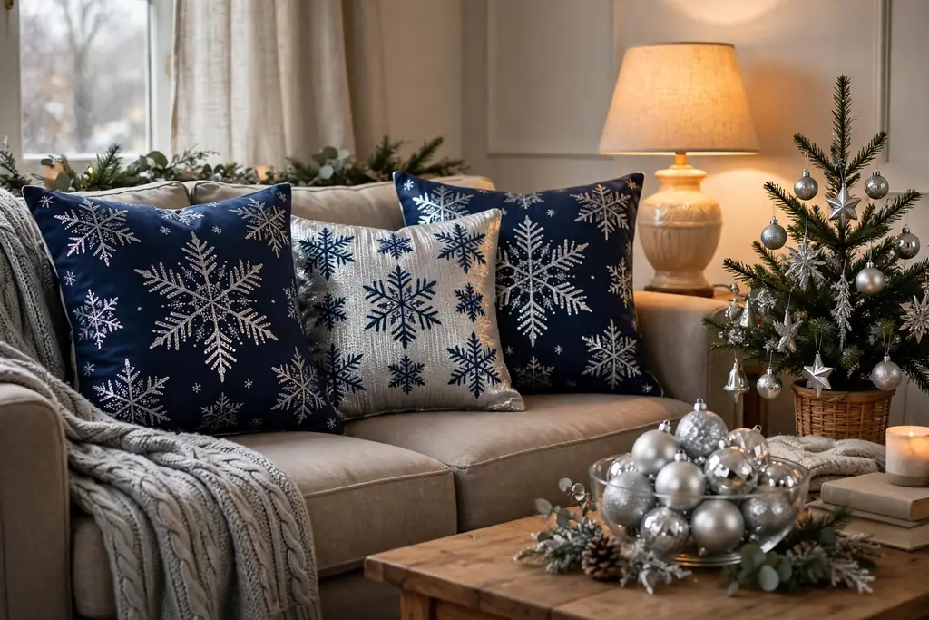 Sofa with navy blue and silver Christmas pillow covers with a snowflake print.