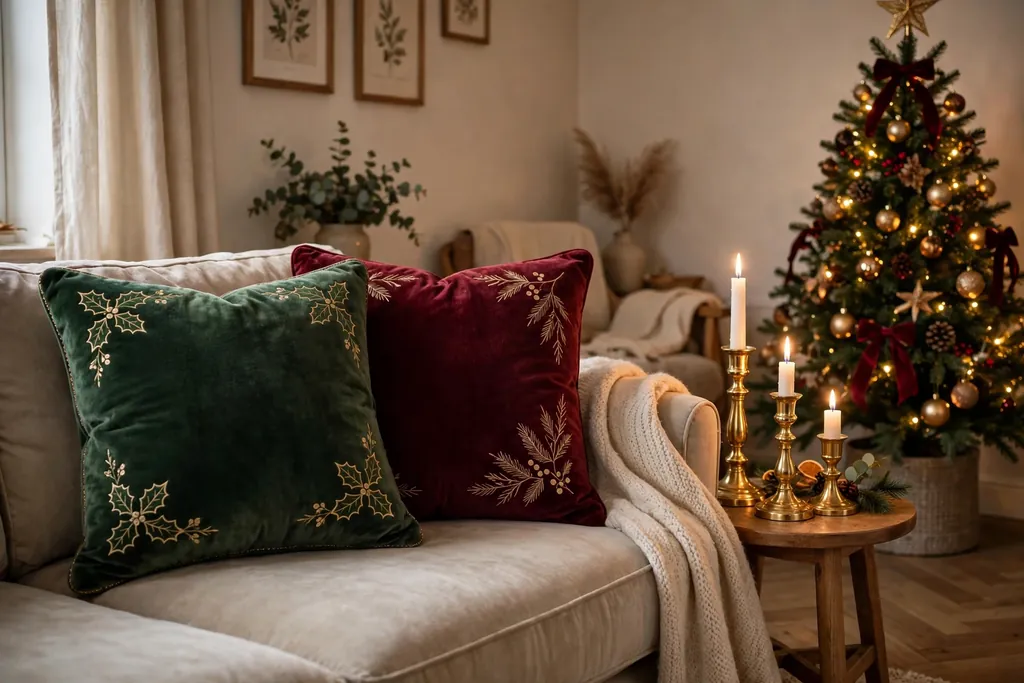 Sofa with deep green and burgundy velvet Christmas pillow covers.
