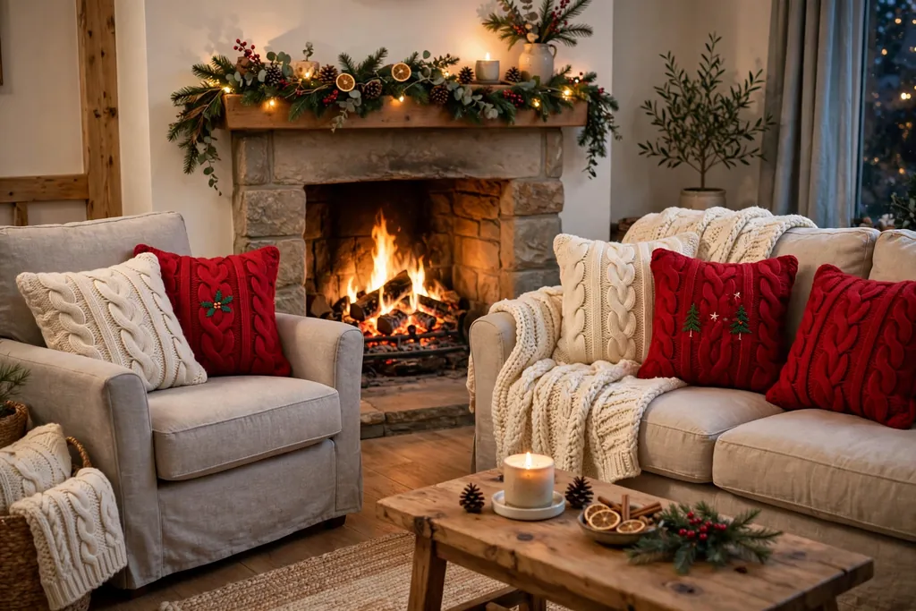 Sofa with chunky cable knit cream and red Christmas pillow covers beside a fireplace.
