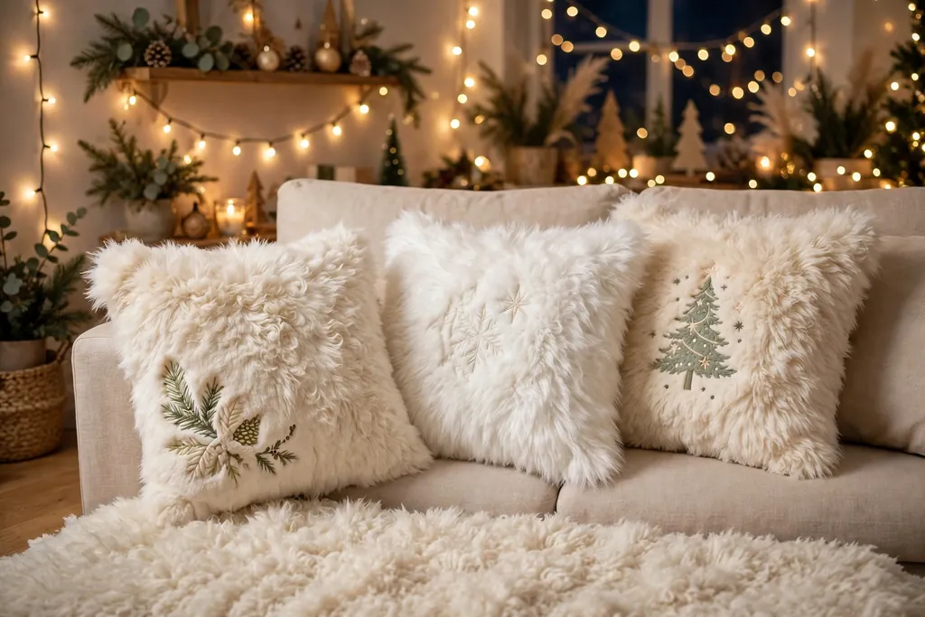 Sofa with fluffy white and cream faux fur Christmas pillow covers and twinkling lights behind.