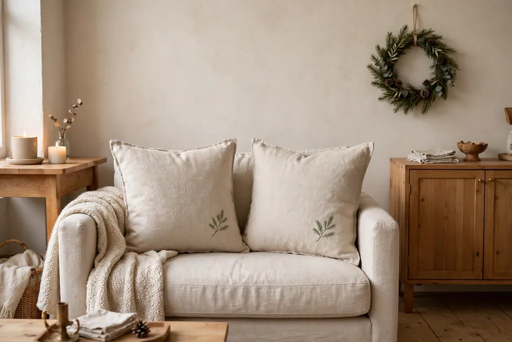 Sofa with natural beige linen Christmas pillow covers with a small embroidered pine sprig.