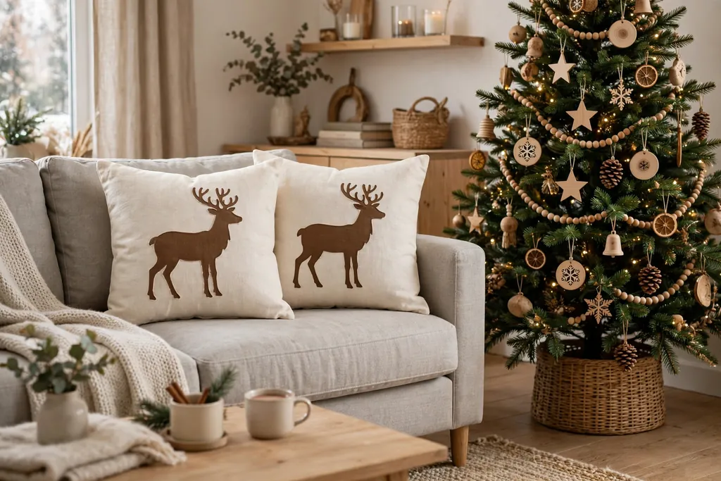 Sofa with a brown reindeer silhouette Christmas pillow cover on cream fabric.