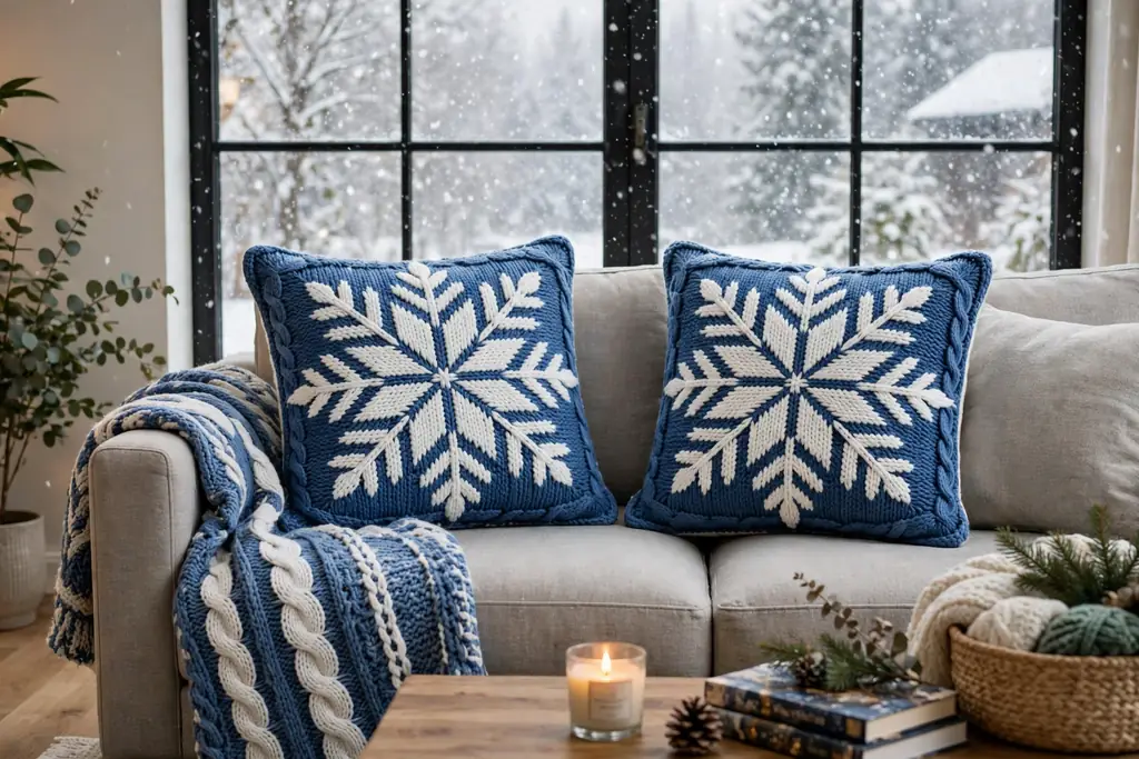 Sofa with blue and white knitted Christmas pillow covers with large snowflake patterns.