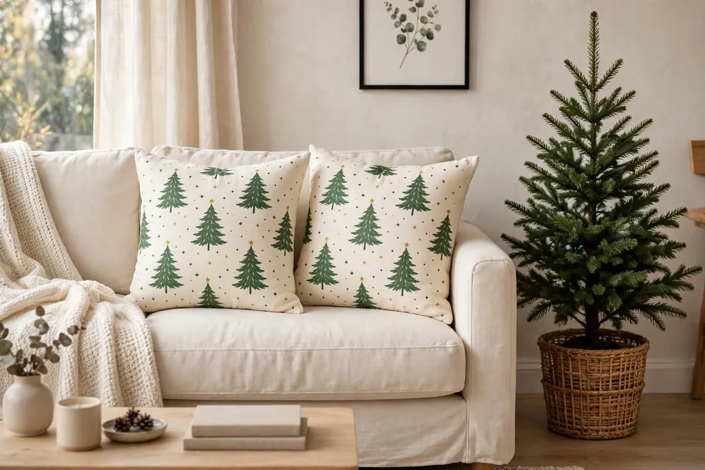 Sofa with Christmas pillow covers printed with green Christmas trees and tiny stars.