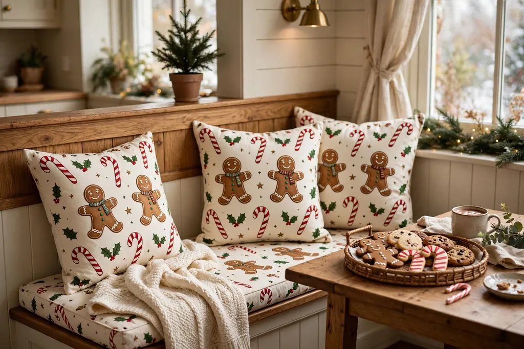 Kitchen nook bench with gingerbread and candy cane Christmas pillow covers.