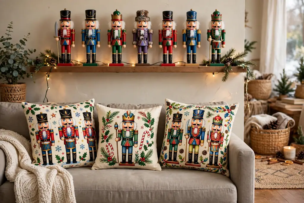 Sofa with colorful nutcracker Christmas pillow covers and nutcracker figures on a shelf behind.