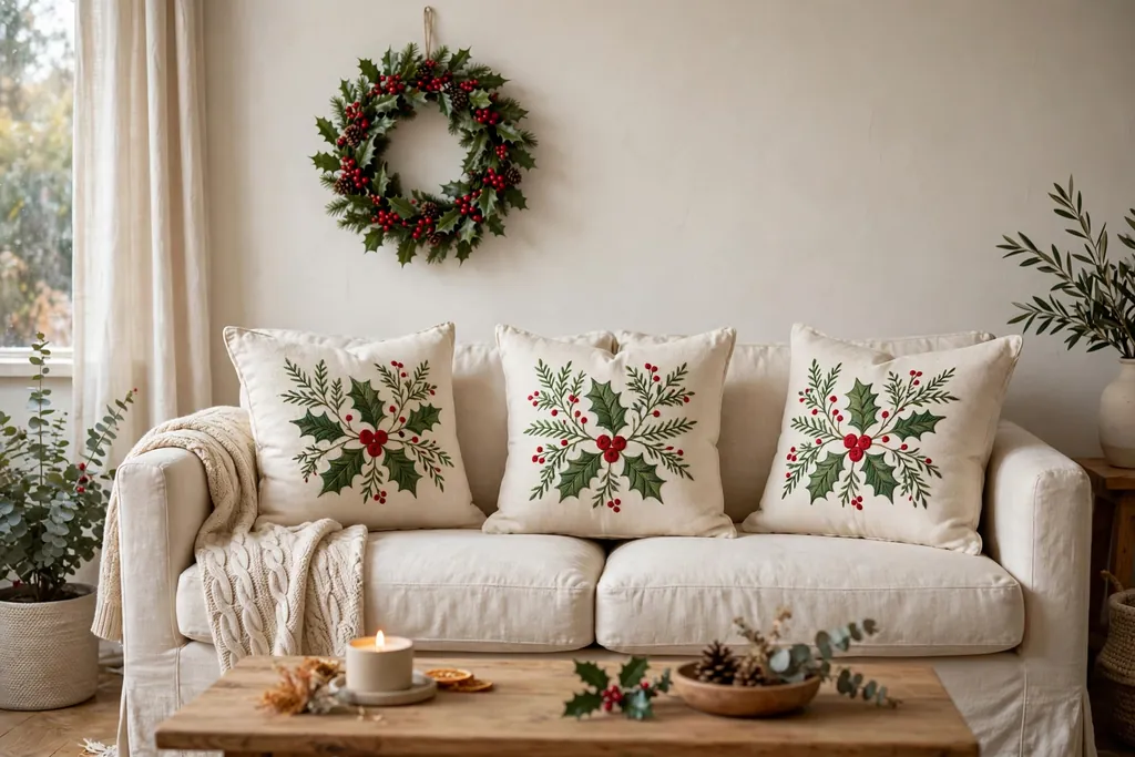 Sofa with holly and red berry embroidered Christmas pillow covers on cream linen.