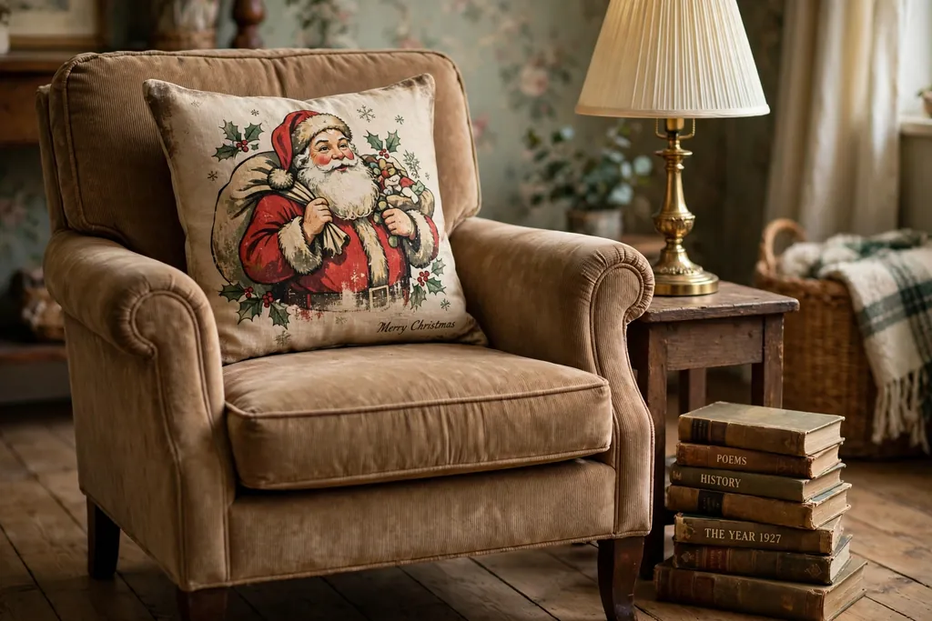 Armchair with a vintage Santa print Christmas pillow cover beside a lamp.