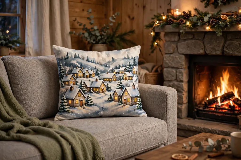 Sofa with a snowy winter village scene Christmas pillow cover with warm lit windows.