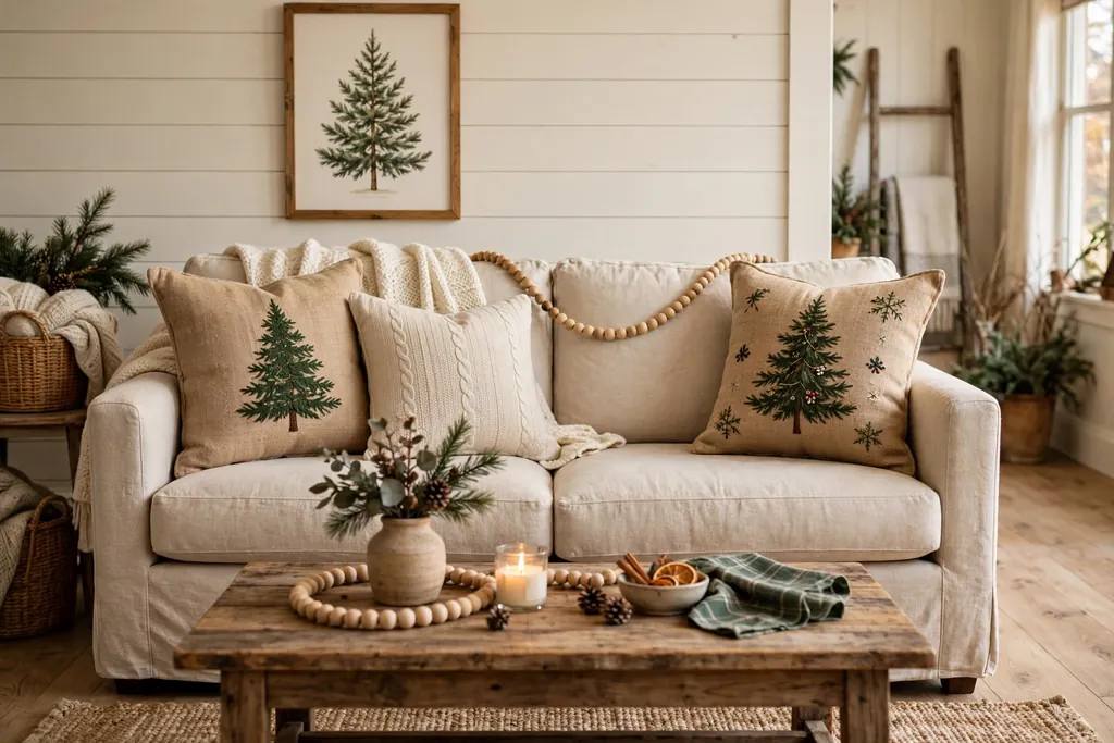 Farmhouse sofa with burlap Christmas pillow covers with a pine tree print.