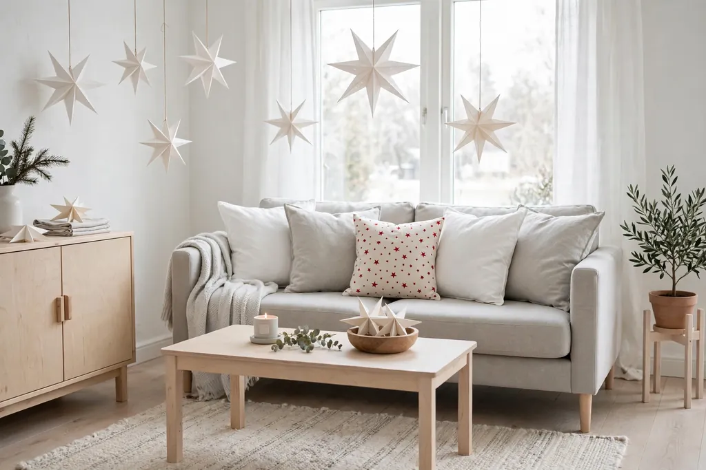 Bright Scandinavian living room with white and pale grey Christmas pillow covers.