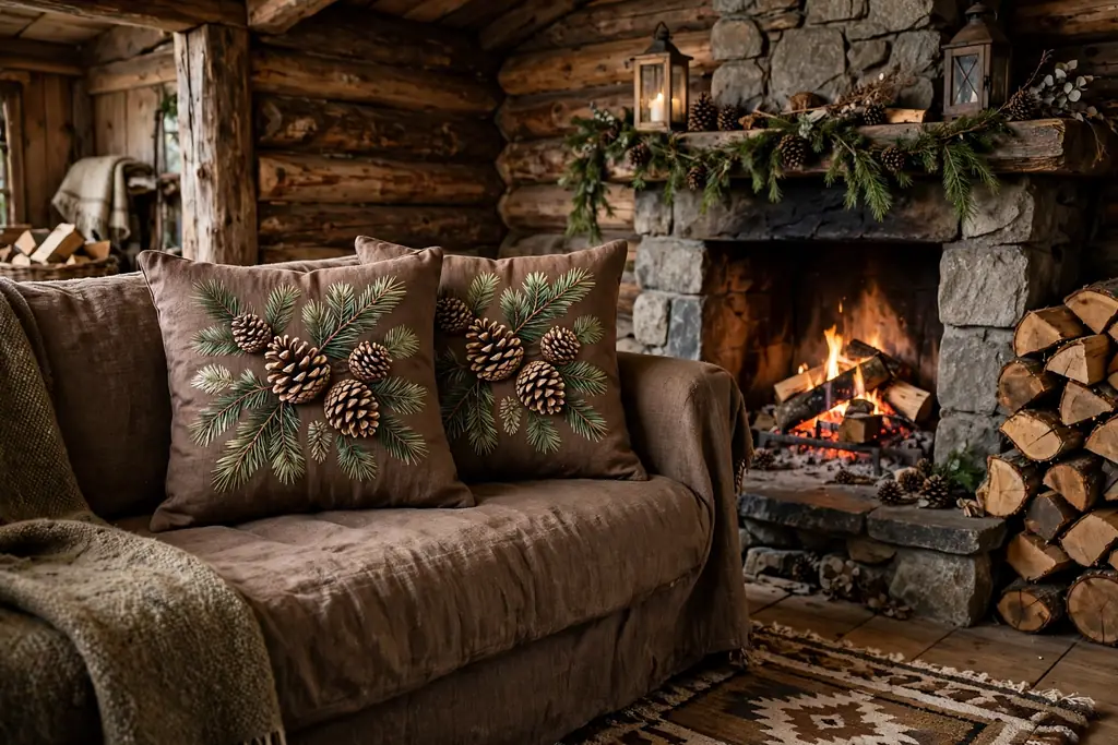 Rustic cabin sofa with woodland pinecone and pine branch Christmas pillow covers.