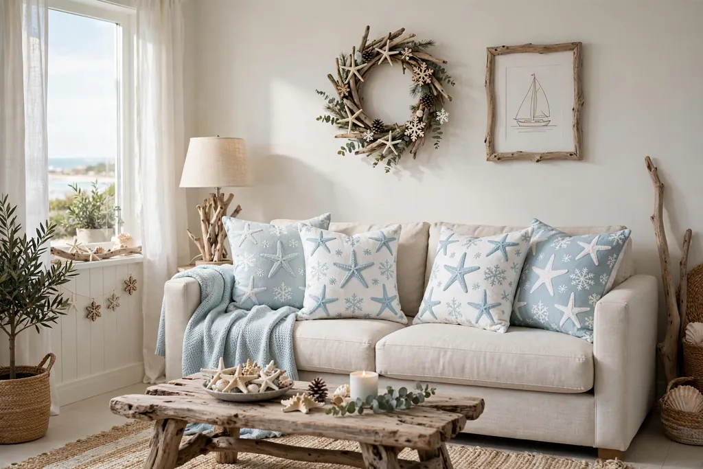 Coastal sofa with pale blue and white Christmas pillow covers.