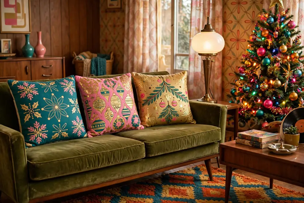 Retro sofa with colorful vintage Christmas pillow covers in teal, pink, and gold.