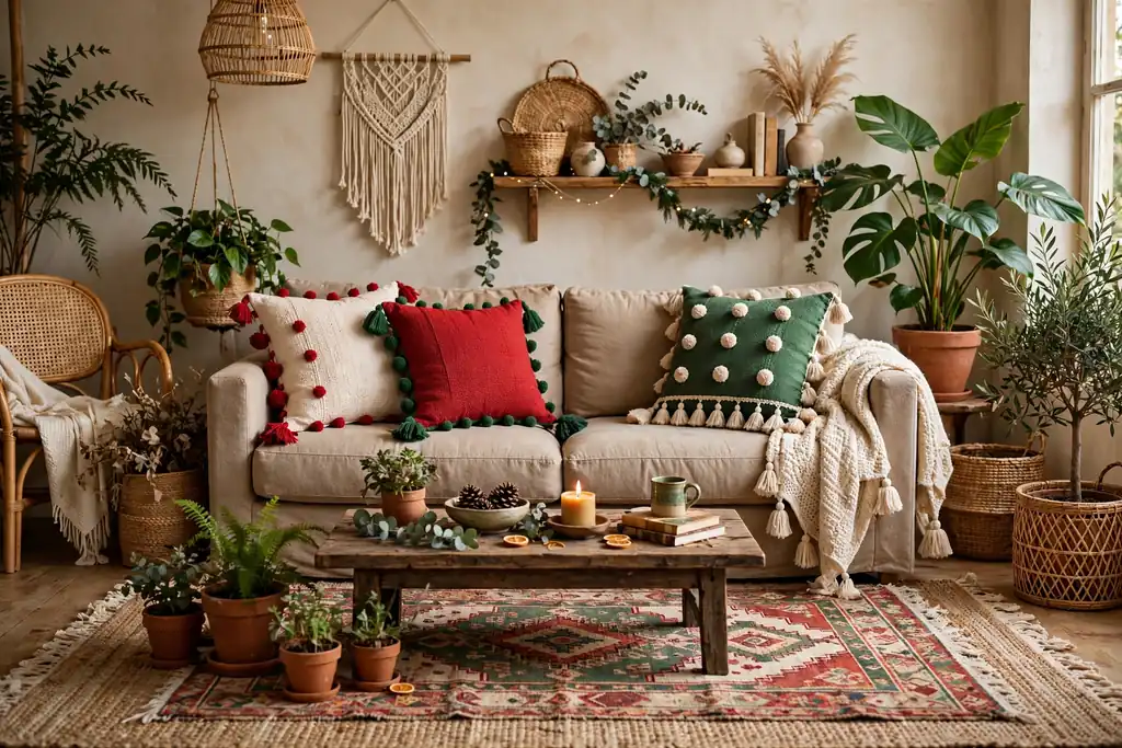 Bohemian sofa with tassel and pom pom Christmas pillow covers in red, cream, and green.