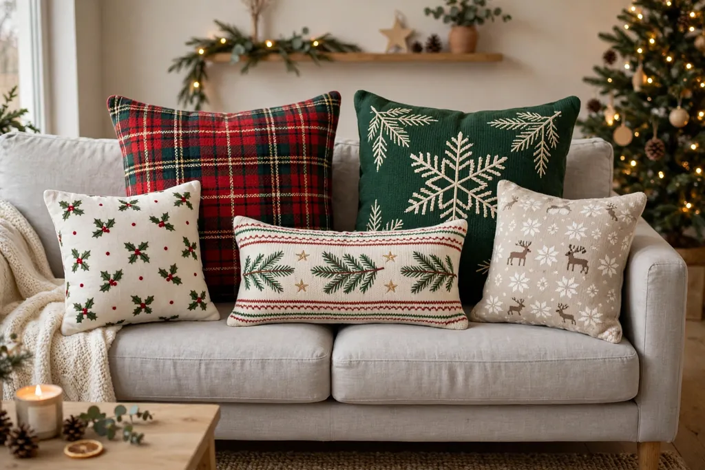 Sofa with Christmas pillow covers in mixed sizes, large squares at the back and a lumbar cover in the center.
