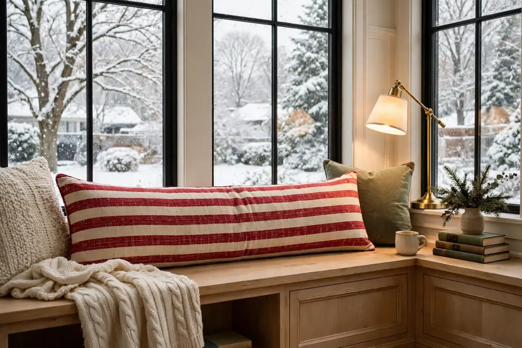 Window seat bench with a long red and cream striped lumbar Christmas pillow cover.
