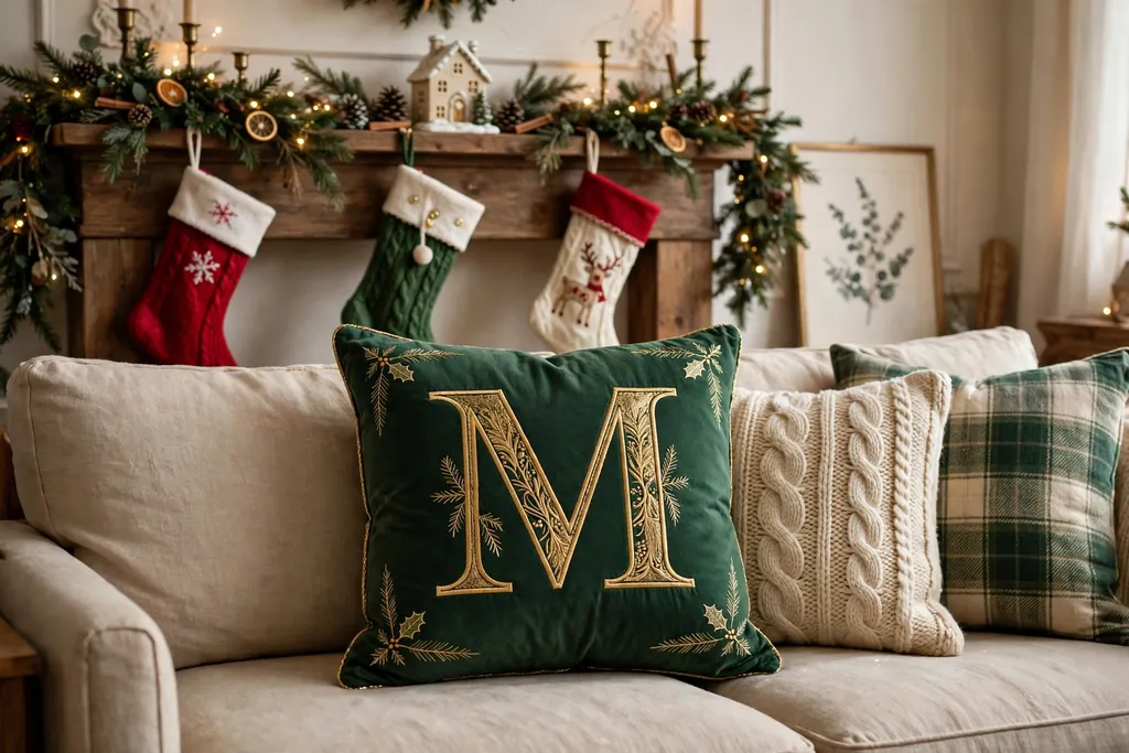 Sofa with a monogram Christmas pillow cover embroidered with a gold letter on deep green fabric.
