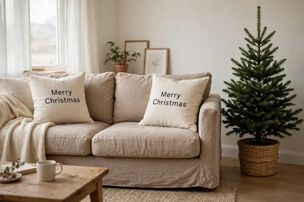 Sofa with lettered Merry Christmas pillow covers in simple black lettering on cream fabric.