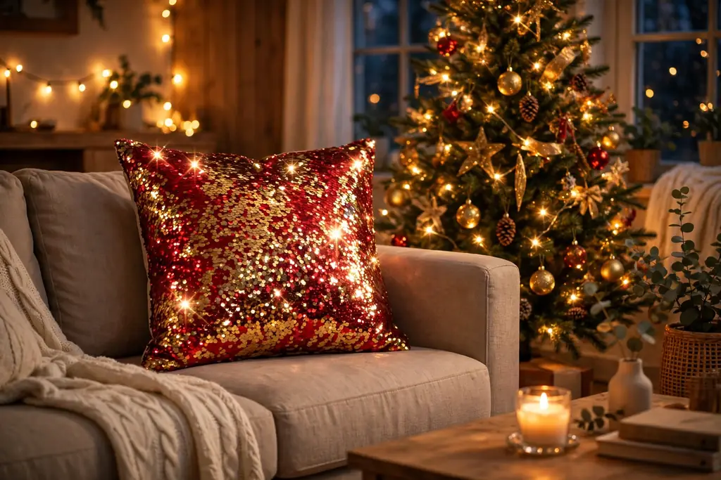 Sofa with a shiny red and gold sequin Christmas pillow cover under warm evening lights.