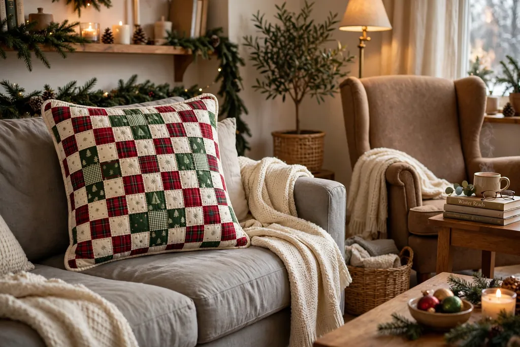 Sofa with a quilted patchwork Christmas pillow cover in red, green, and cream squares.