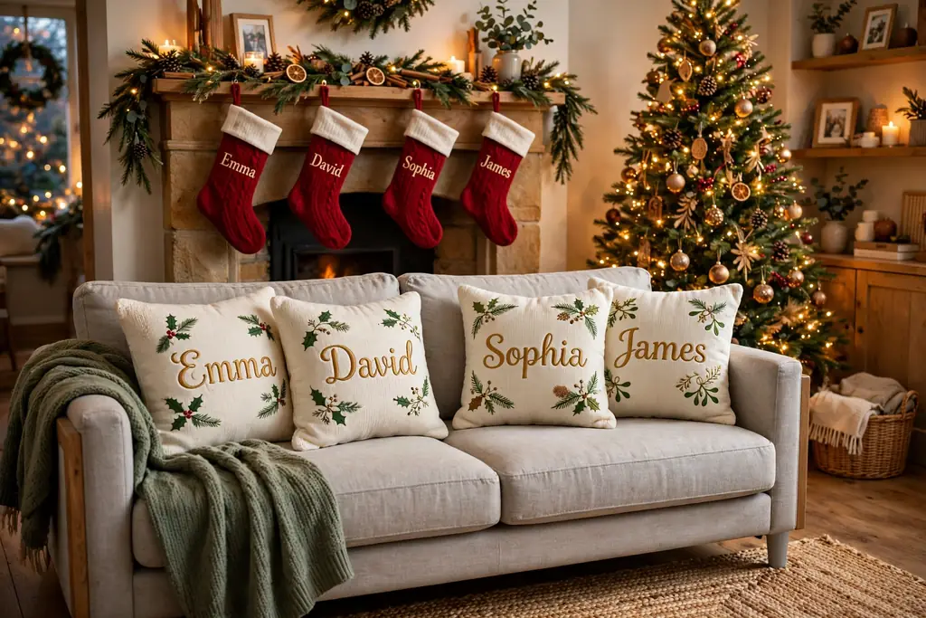 Family room sofa with personalized family name Christmas pillow covers.