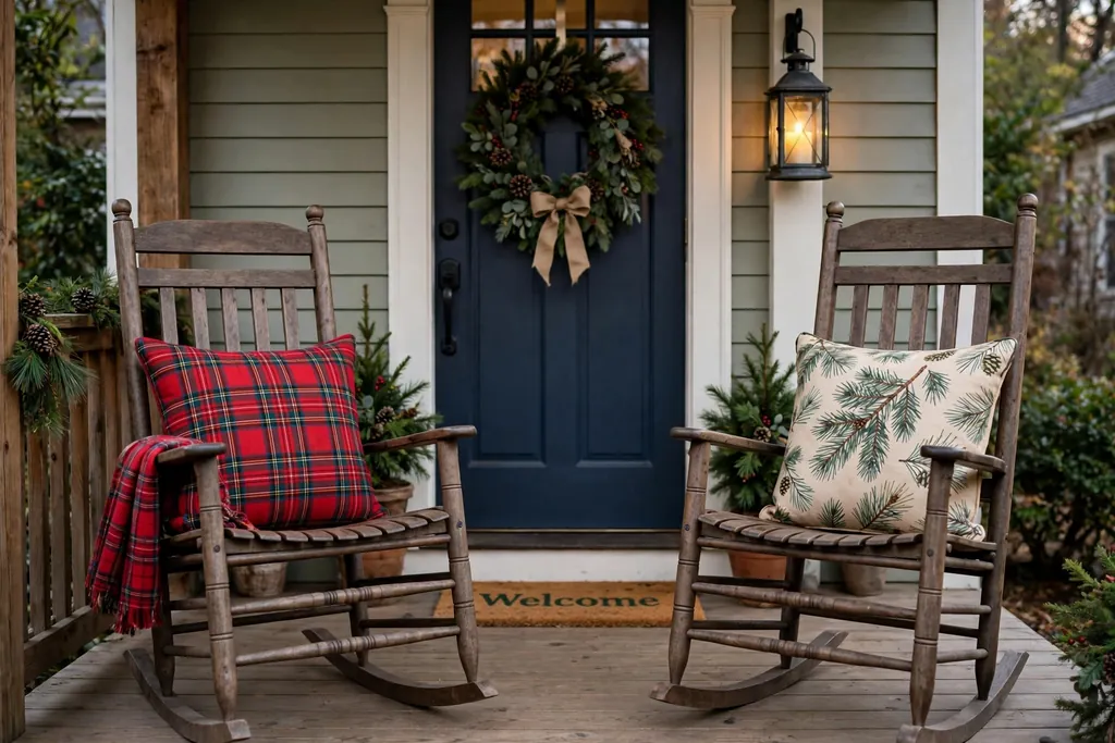Front porch chairs with outdoor red plaid and pine print Christmas pillow covers.