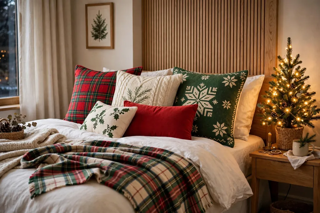 Bedroom bed layered with red, cream, and green Christmas pillow covers and a plaid throw.