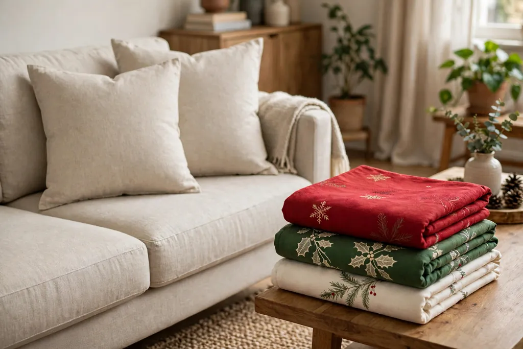 Sofa with plain covers beside a neat stack of folded Christmas pillow covers ready to swap.