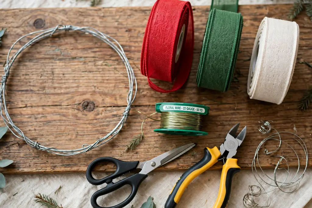 Wire wreath frame, rolls of red, green, and cream wired ribbon, floral wire, scissors, and wire cutters arranged on a table.