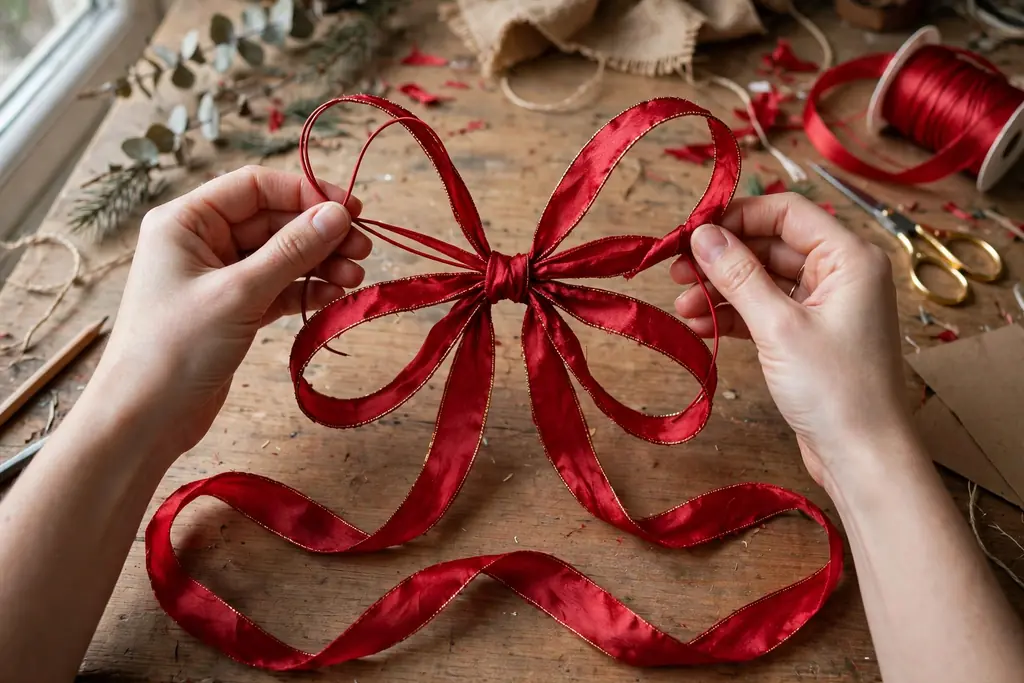 Hands forming a large four loop bow from red wired ribbon, with long tails, on a table.