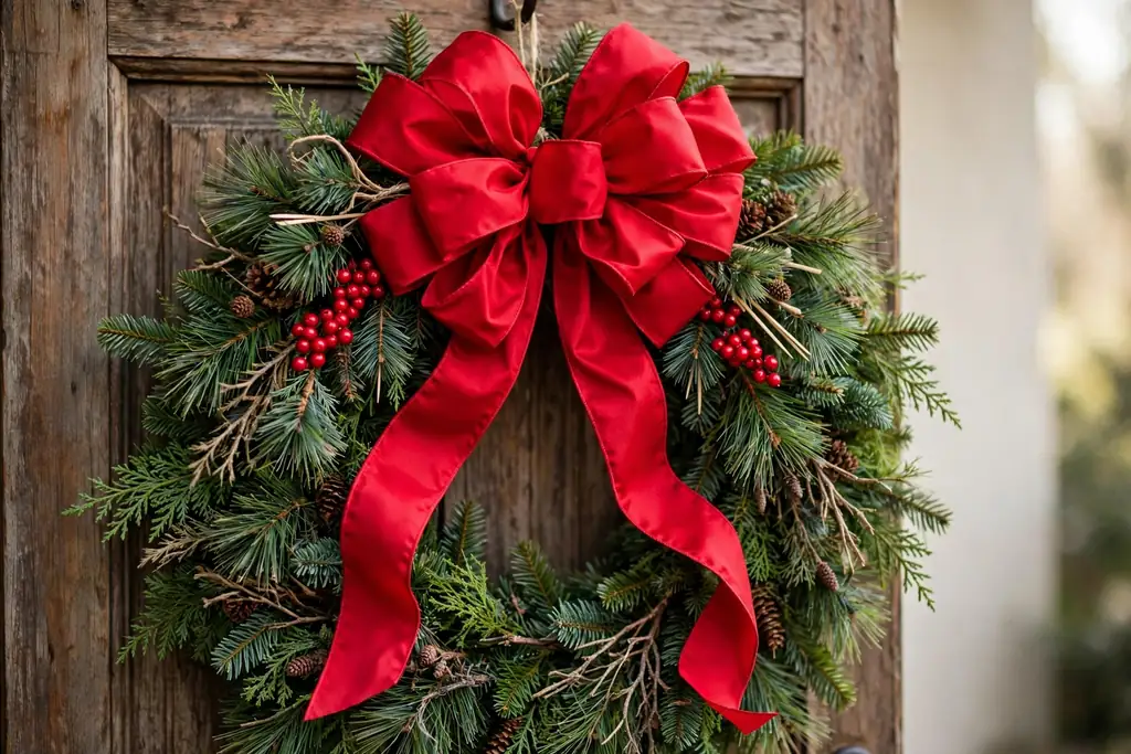 A large red ribbon bow wired to a Christmas ribbon wreath, with pine picks and red berries tucked beside it.