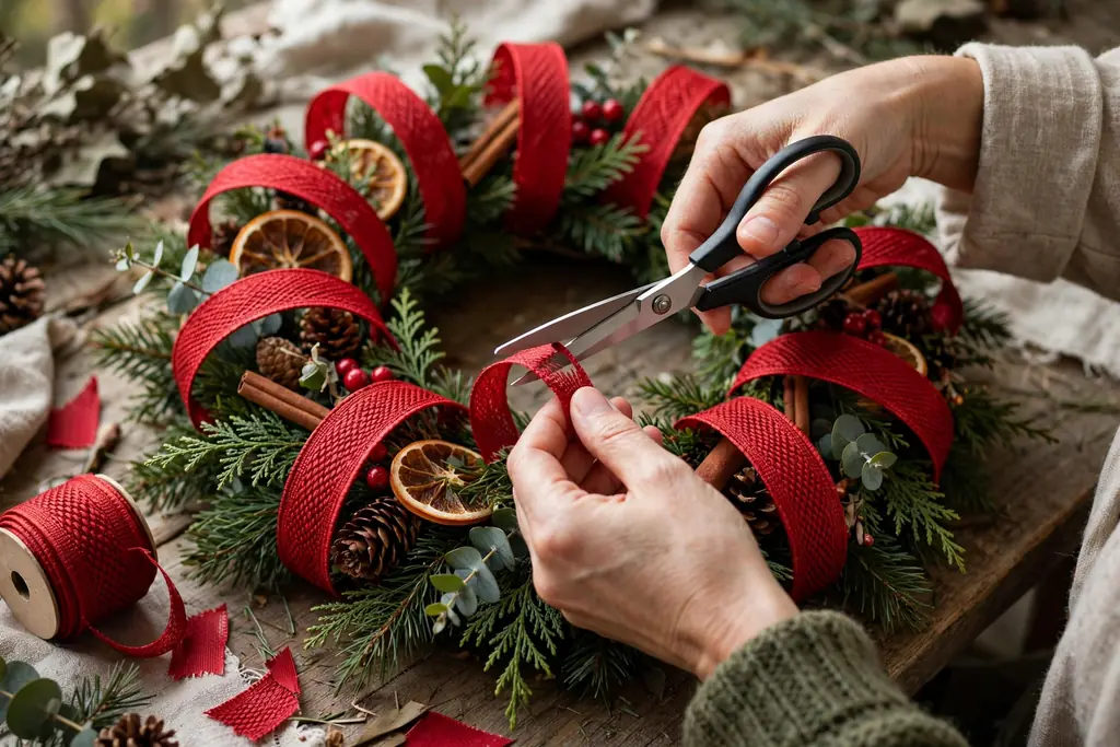 Hands trimming ribbon tails with scissors and shaping loops on a finished Christmas ribbon wreath.