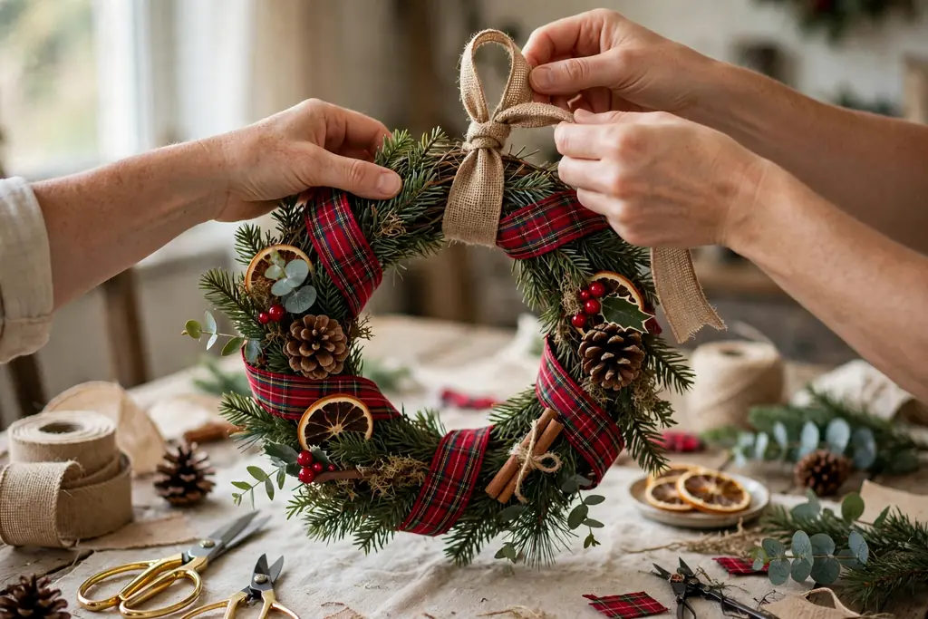 Hands attaching a ribbon hanging loop to the top of a Christmas ribbon wreath and holding it up to check balance.