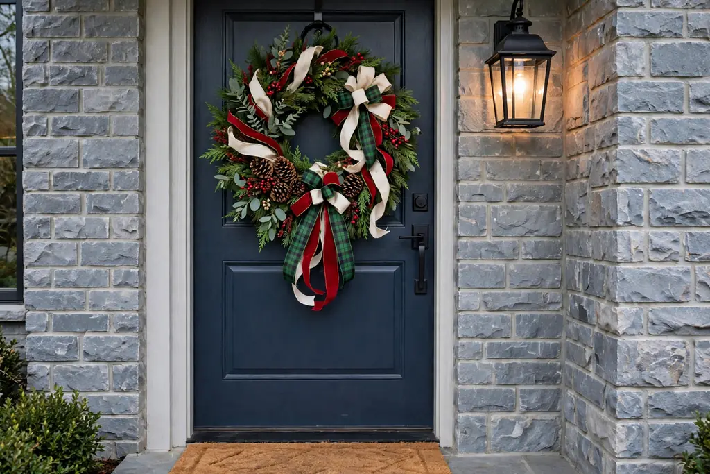 A finished Christmas ribbon wreath in red, green, and cream hanging centered on a front door at eye level, with a porch lantern beside it.