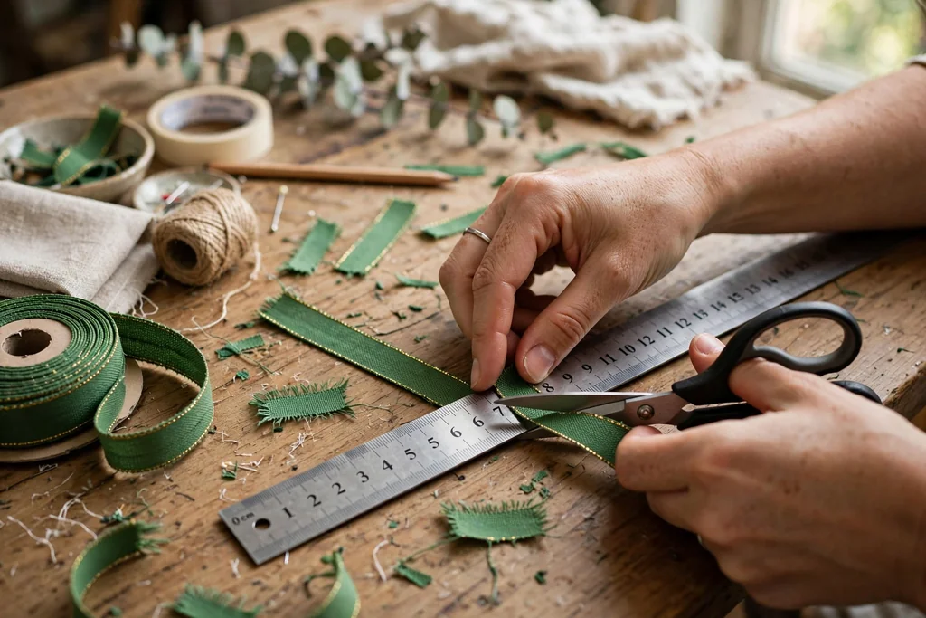 Hands measuring and cutting wired ribbon strips with scissors and a ruler on a table.