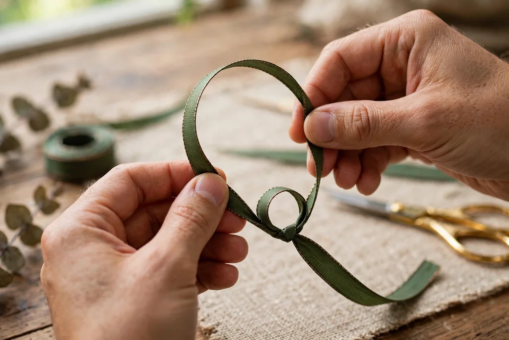 Hands folding a wired ribbon strip into an open loop, pinching the ends together at the base.