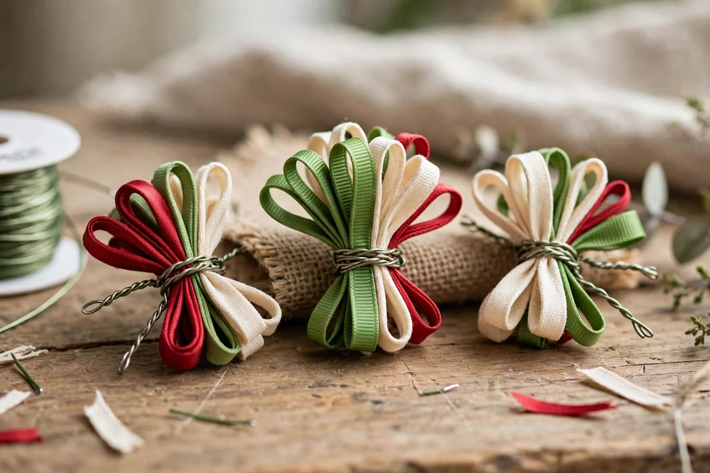 Small clusters of red, green, and cream ribbon loops bundled together with floral wire on a table.