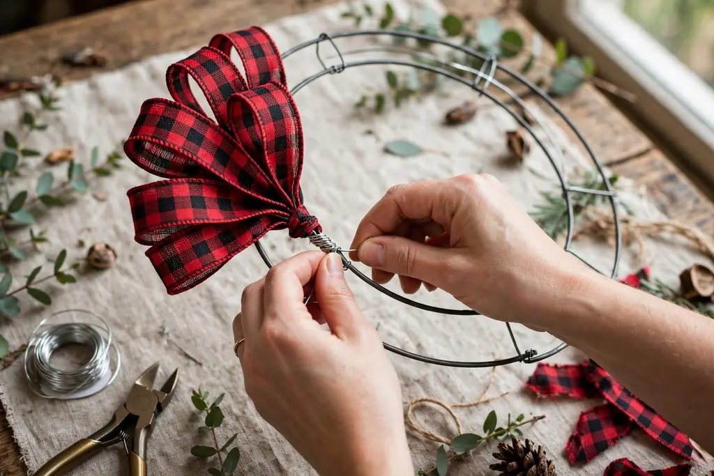 Hands wiring the first ribbon loop cluster to a wire wreath frame, twisting wire at the back of the frame.