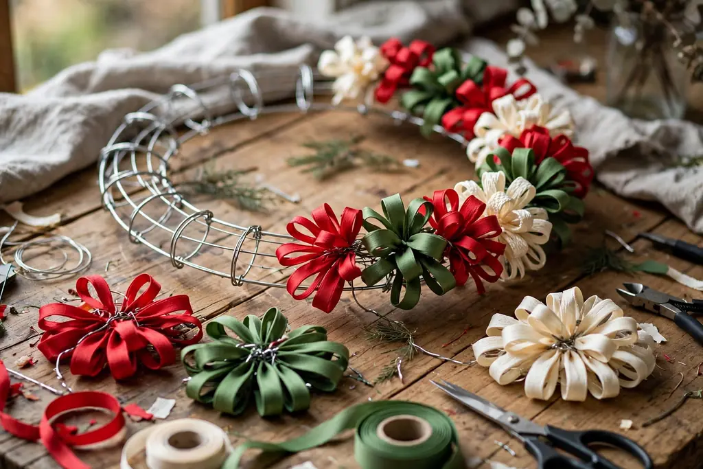 A wire wreath frame partly covered with red, green, and cream ribbon loop clusters, with more clusters waiting on a table.