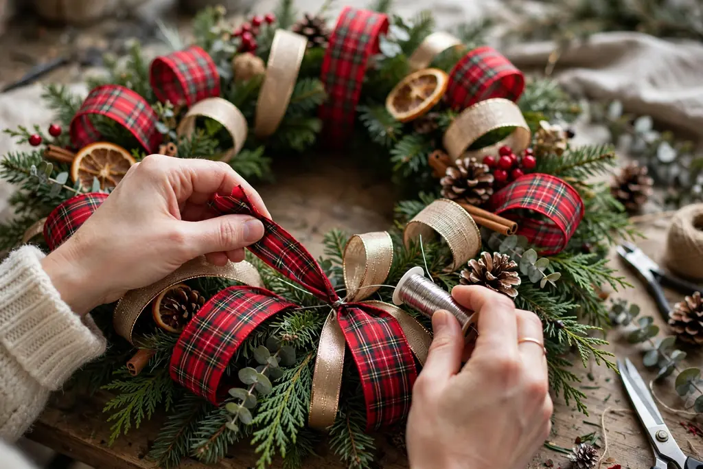 Hands wiring an extra ribbon loop into a thin gap on a nearly finished ribbon wreath.