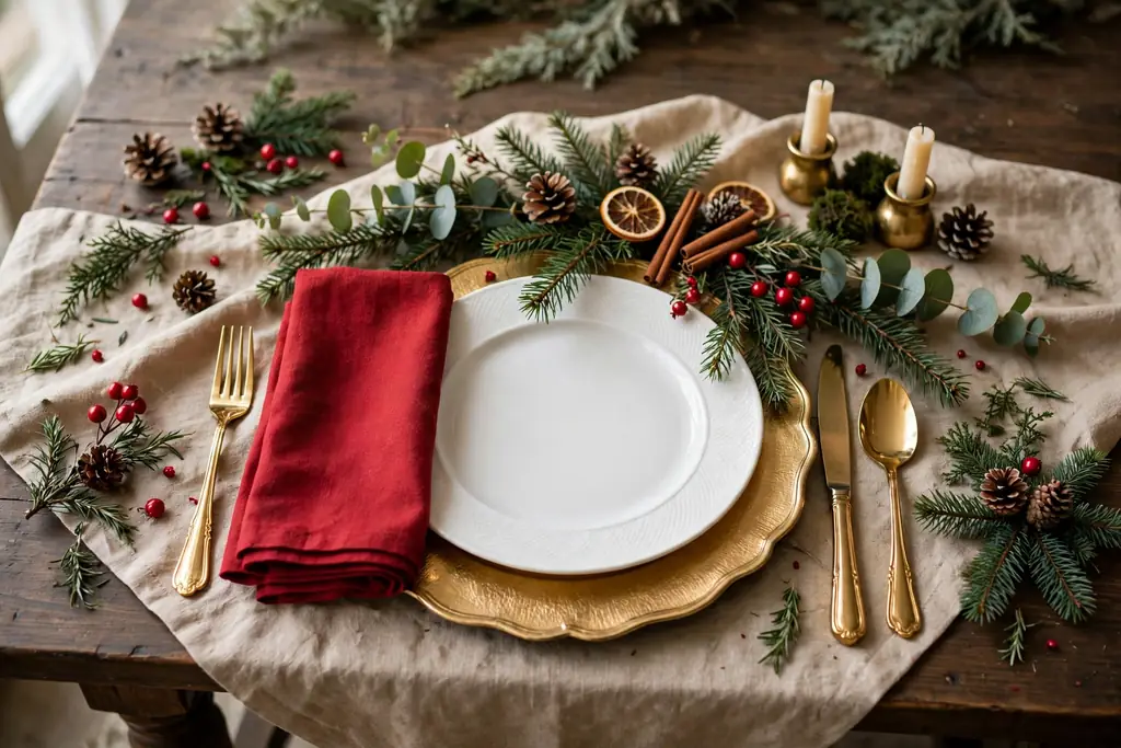 Christmas place setting with white plates on gold chargers, red napkins, and gold cutlery.