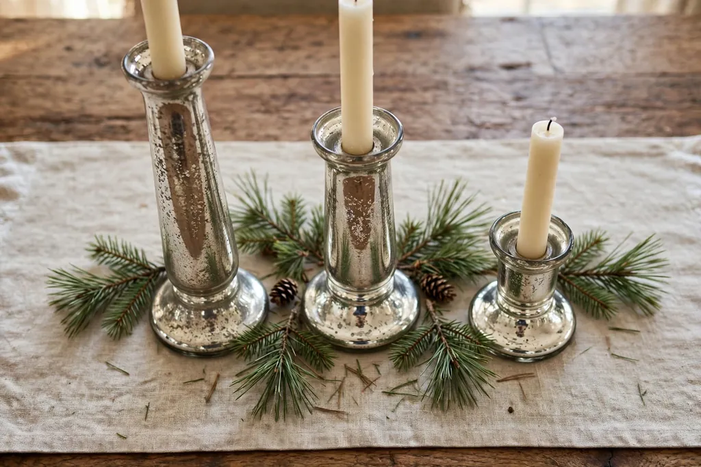 Dining table center with mercury glass candle holders and pine sprigs.
