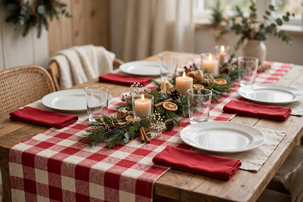 Family Christmas table with a red and cream buffalo check runner and white plates.