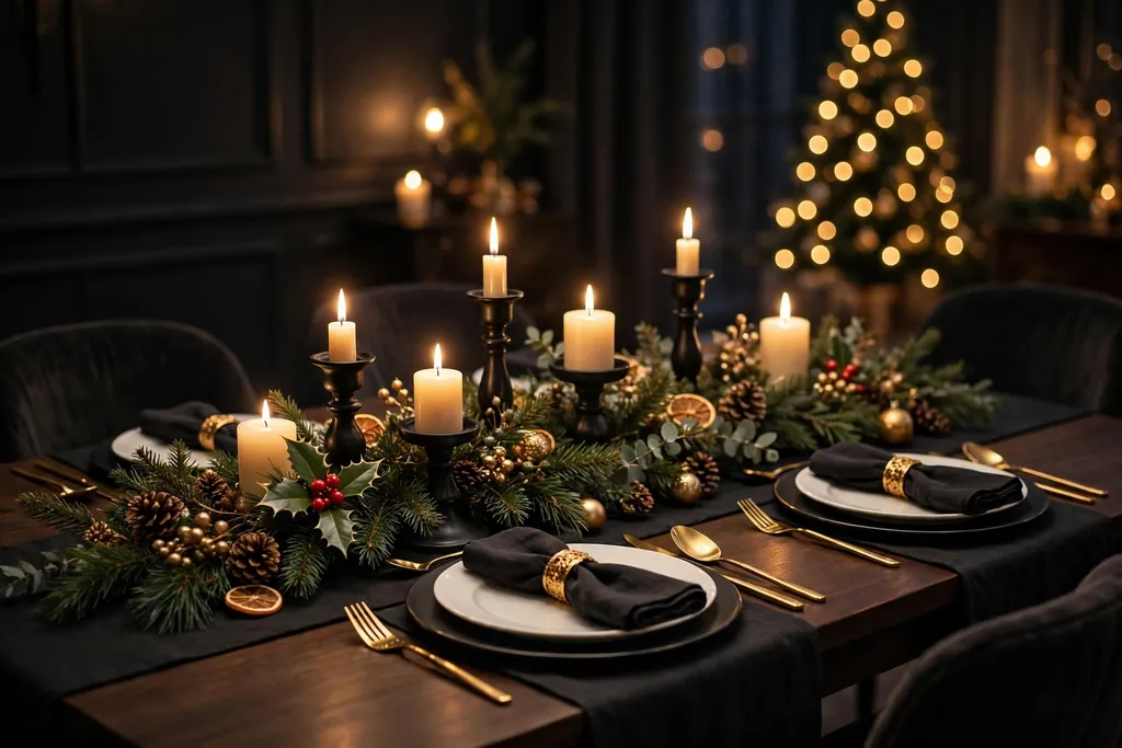 Evening Christmas table with black chargers, white plates, and gold cutlery.