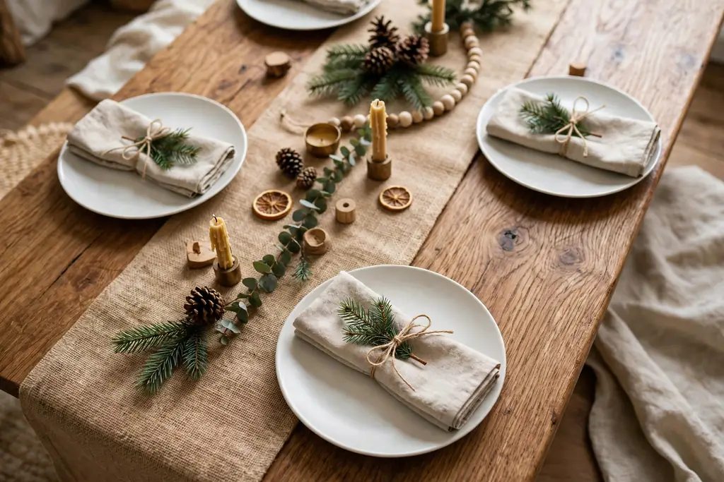 Christmas table with a burlap runner and napkins wrapped with twine and pine sprigs.
