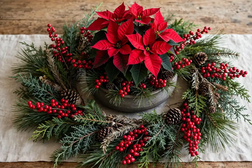 Christmas table center with a poinsettia plant, red berry picks, and pine sprigs.