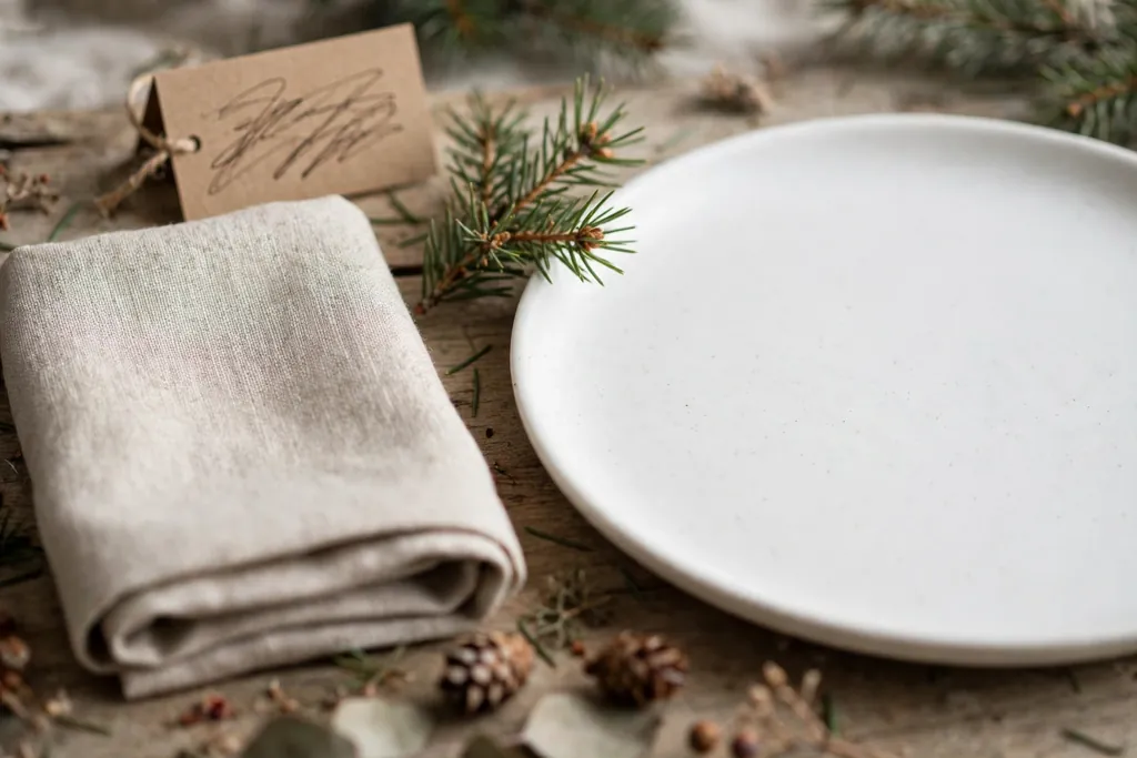 Christmas place setting with a handwritten place card and a pine sprig beside the plate.