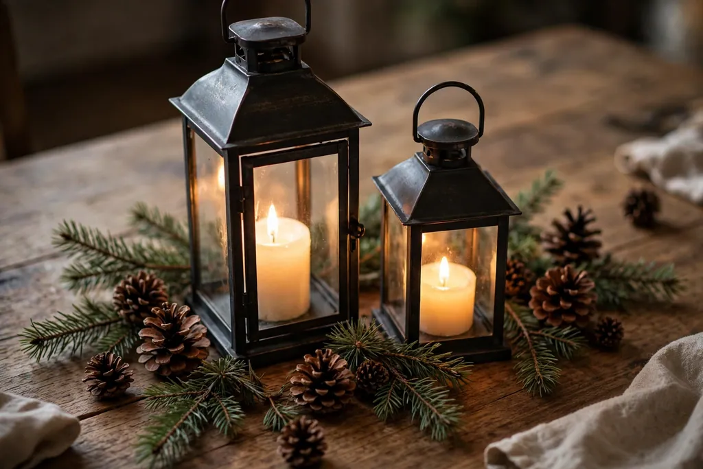 Dining table center with lanterns, battery candles, pinecones, and pine sprigs.